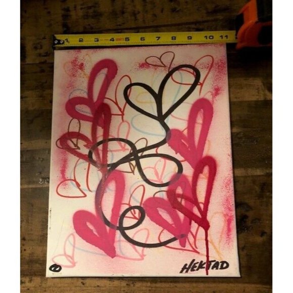 RARE HEKTAD 2017 GRAFFITI ART PINK AND BLACK HEARTS 11" X 14" ORIGINAL PAINTING - Picture 4 of 6